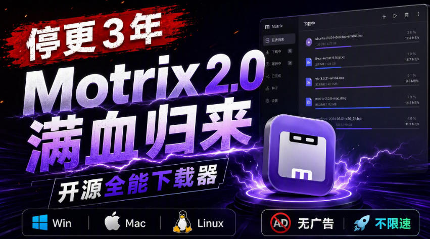停更3年，Motrix 2.0满血归来：开源全能下载器，Win/Mac/Linux通吃，无广告不限速-副业网