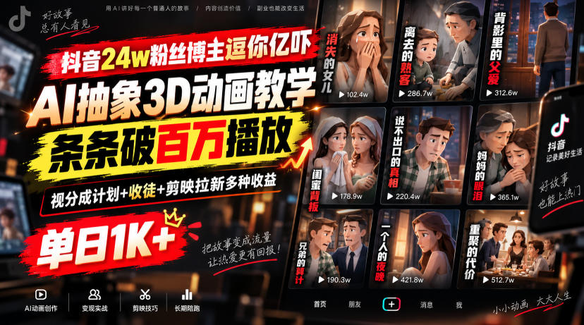 抖音24w粉丝博主逗你亿吓AI抽象3D动画教学,条条破百万播放,分成计划+收徒+剪映拉新多种收益,单日1K+