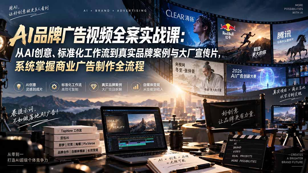 AI品牌广告视频全案实战课：从AI创意、标准化工作流到真实品牌案例与大厂宣传片，系统掌握商业广告制作全流程-副业网
