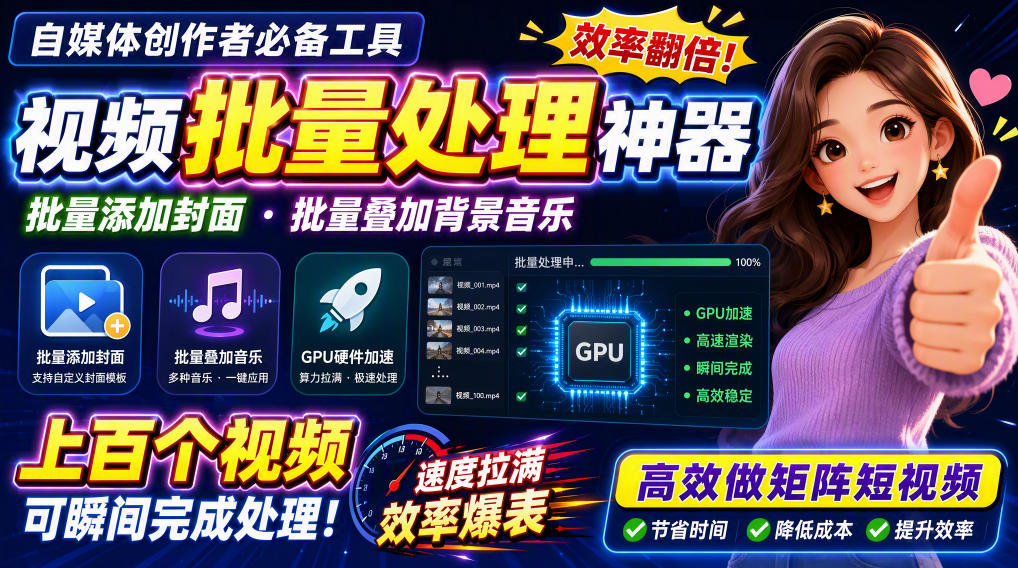 视频批量加封面，把封面添加到视频第一帧，不用剪辑软件批量添加-副业网