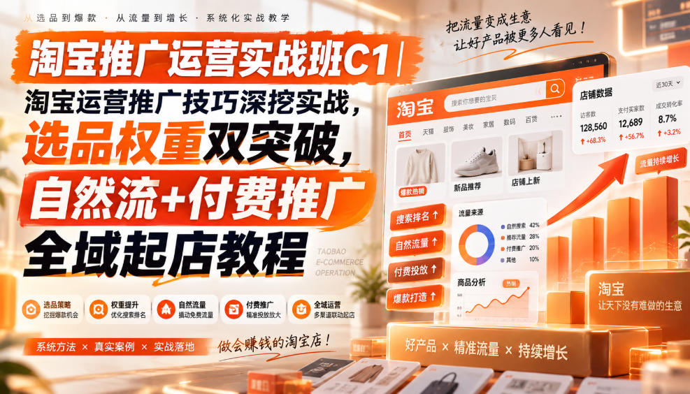 淘宝推广运营实战班C1｜淘宝运营推广技巧深挖实战，选品权重双突破，自然流+付费推广全域起店教程-副业网