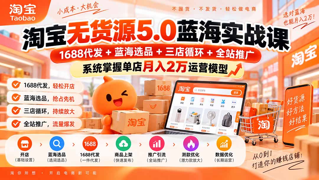 淘宝无货源5.0蓝海实战课-更新：1688代发+蓝海选品+三店循环+全站推广，系统掌握单店月入2万运营模型-副业网
