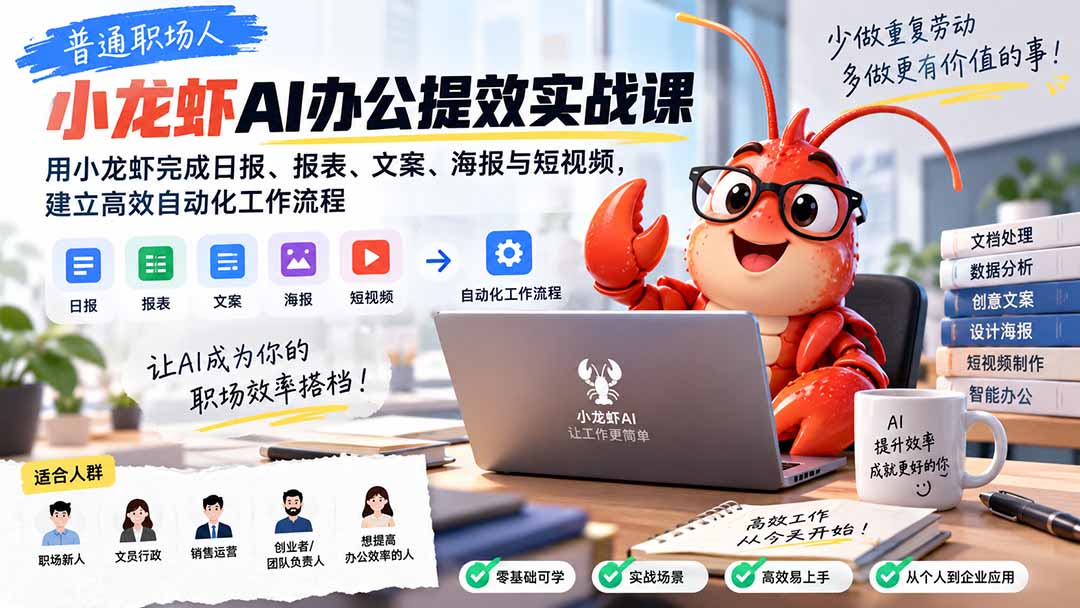 普通职场人AI办公提效实战课：用小龙虾完成日报、报表、文案、海报与短视频，建立高效自动化工作流程-副业网