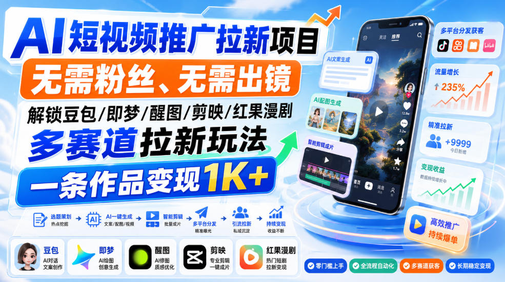 AI短视频推广拉新项目，无需粉丝、无需出镜，解锁豆包/即梦/醒图/剪映/红果漫剧多赛道拉新玩法，一条作品变现1K+(更新0910)-副业网