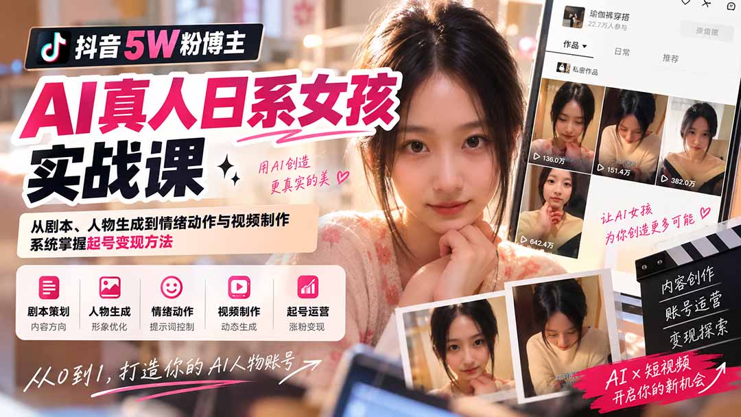 抖音5W粉博主AI真人日系女孩实战课：从剧本、人物生成到情绪动作与视频制作，系统掌握起号变现方法-副业网