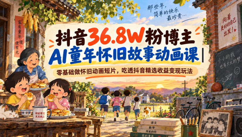 抖音36.8W粉博主AI童年怀旧故事动画课｜零基础做怀旧动画短片，吃透抖音精选收益变现玩法-副业网
