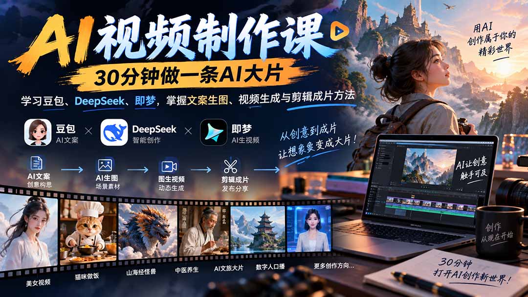 AI视频制作课-30分钟做一条AI大片：学习豆包、DeepSeek、即梦，掌握文案生图、视频生成与剪辑成片方法-副业网