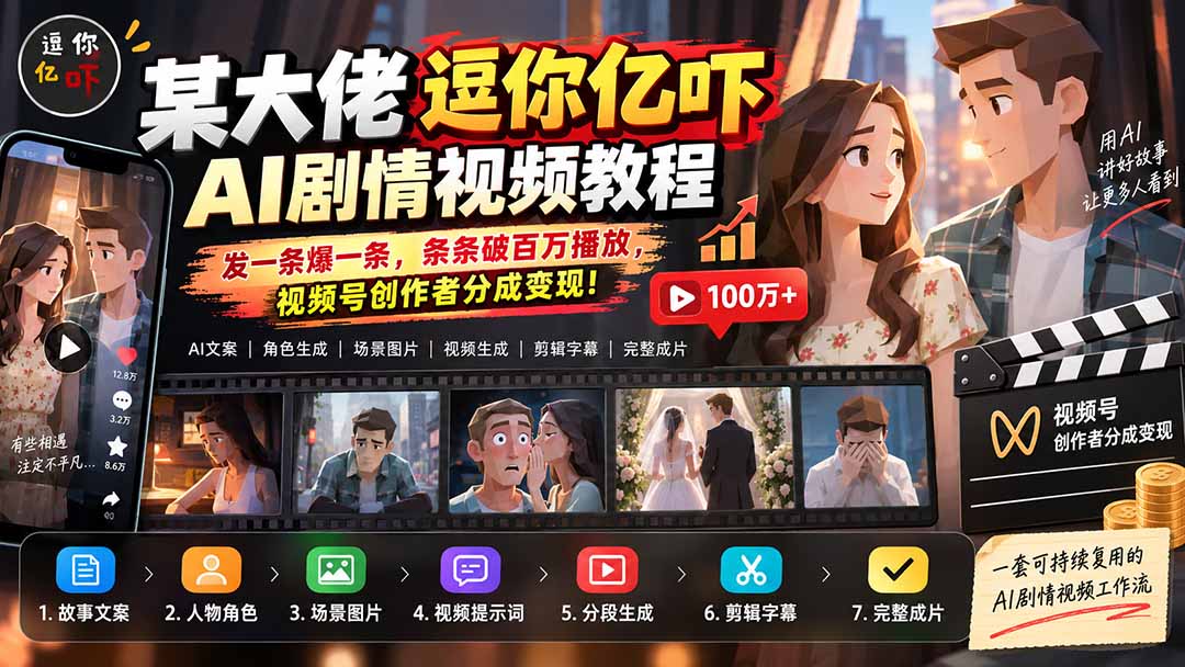 某大佬逗你亿吓AI低模剧情视频制作教程：发一条爆一条，条条破百万播放，利用视频号创作者分成变现!-副业网