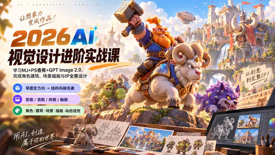 2026AI视觉设计进阶实战课-更新：学习MJ+PS香蕉+GPT Image 2.0，完成角色建筑、场景插画与IP全案设计-副业网