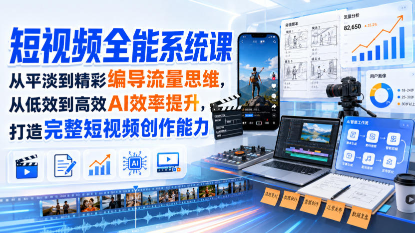 短视频全能系统课，从平淡到精彩编导流量思维，从低效到高效AI效率提升，打造完整短视频创作能力(完整版)-副业网