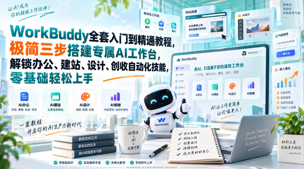 WorkBuddy全套入门到精通教程，极简三步搭建专属AI工作台，解锁办公、建站、设计、创收自动化技能，零基础轻松上手-副业网