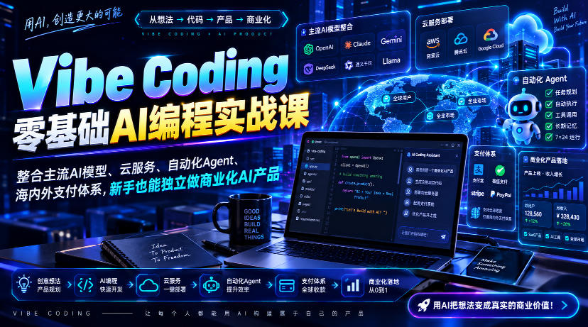 Vibe Coding零基础AI编程实战课-无水印，整合主流AI模型、云服务、自动化Agent、海内外支付体系，新手也能独立做商业化AI产品-副业网