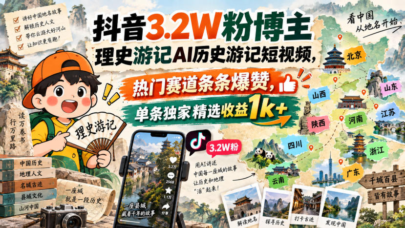 抖音3.2W粉博主理史游记AI历史游记短视频教学，热门赛道条条爆赞，单条独家精选收益1k+-副业网