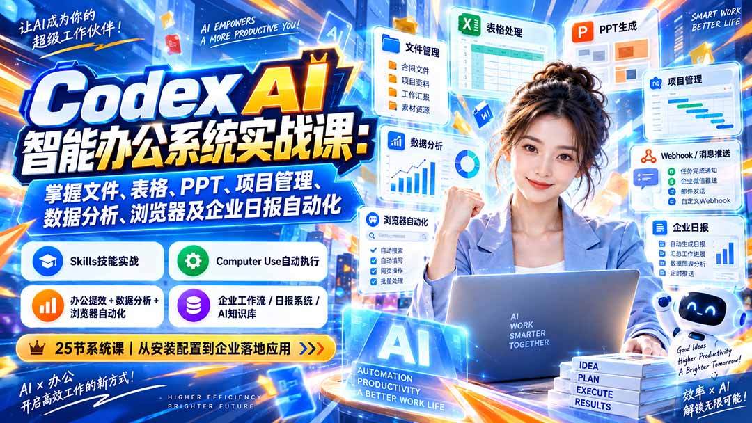 Codex AI智能办公系统实战课：掌握文件、表格、PPT、项目管理、数据分析、浏览器及企业日报自动化-副业网