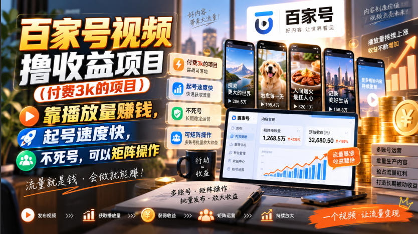 百家号视频撸收益项目(付费3k的项目)，靠播放量賺钱，起号速度快，不死号，可以矩阵操作-副业网