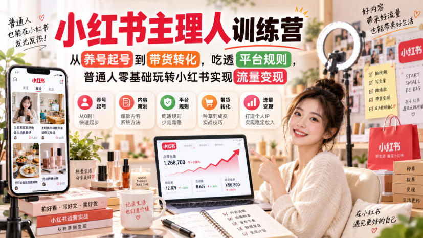 小红书主理人训练营，从养号起号到带货转化，吃透平台规则，普通人零基础玩转小红书实现流量变现-副业网