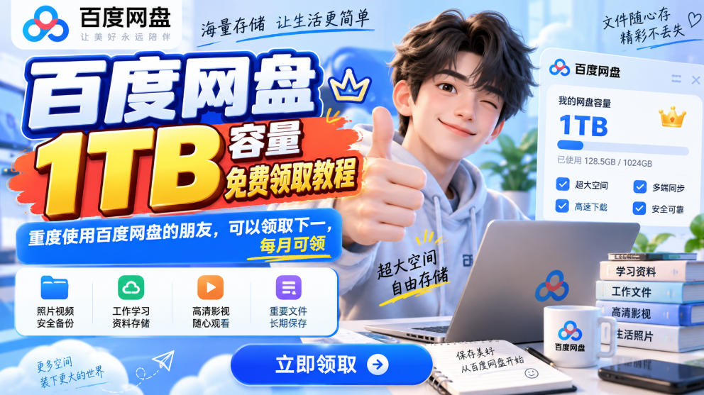 百度网盘1TB容量免费领取教程，重度使用百度网盘的朋友，可以领取下一，每月可领-副业网