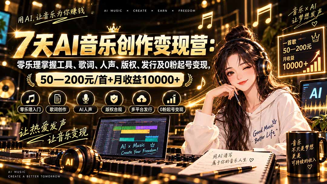 AI音乐创作变现营：零乐理掌握工具、歌词、人声、版权、发行及0粉起号变现，50—200元/首+月收益10000+-副业网
