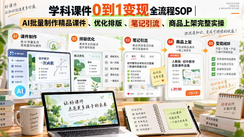 学科课件0到1变现全流程SOP｜AI批量制作精品课件、优化排版、笔记引流、商品上架完整实操​-副业网