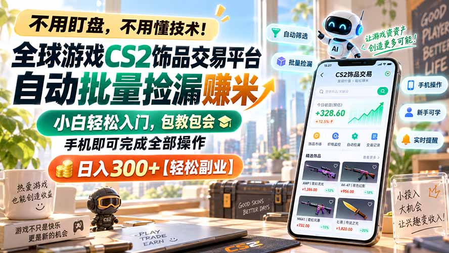全球游戏CS2饰品交易平台自动批量捡漏赚米，小白轻松入门，包教包会，手机即可完成全部操作，日入300+【轻松副业】-副业网