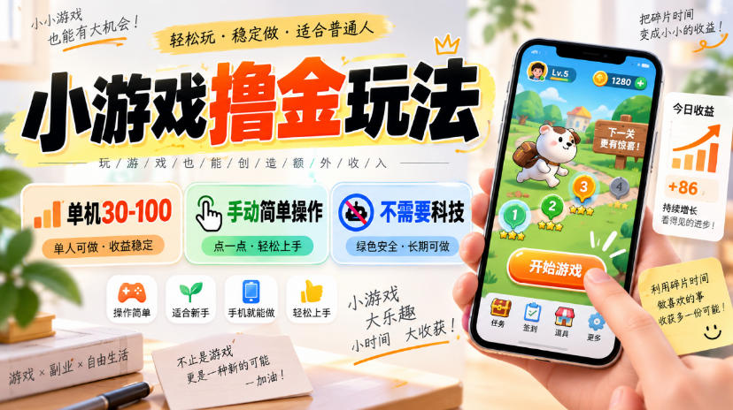 小游戏撸金玩法，单机30-100，手动简单操作，不需要科技-副业网