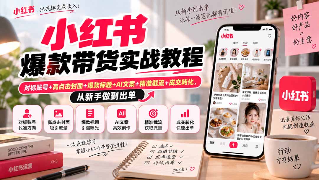 小红书爆款带货实战教程｜对标账号+高点击封面+爆款标题+AI文案+精准截流+成交转化，从新手做到出单-副业网