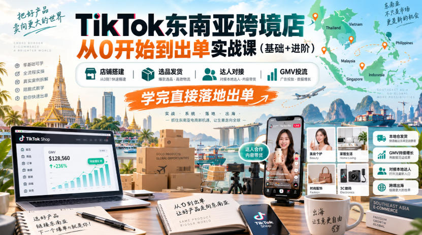 TikTok东南亚跨境店从0开始到出单实战课(基础+进阶)，店铺搭建、选品发货、达人对接、GMV投流，学完直接落地出单-副业网