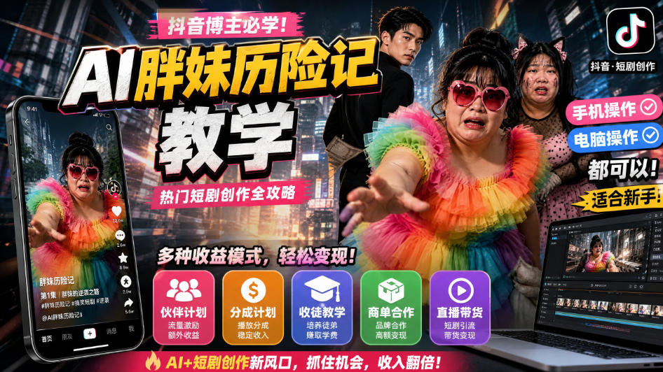抖音博主的AI胖妹历险记教学，伙伴计划+分成计划+收徒+商单等多种收益，适合新手，手机电脑都可以操作-副业网