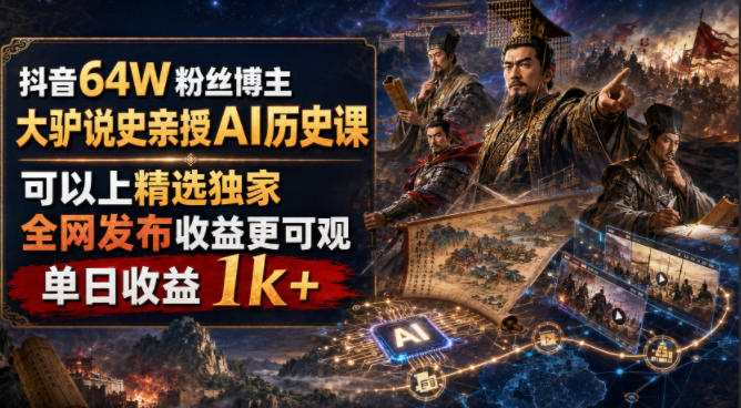 抖音64W粉丝博主大驴说史亲授AI历史课，可以上精选独家，全网发布收益更可观，单日收益1k+(更新)-副业网