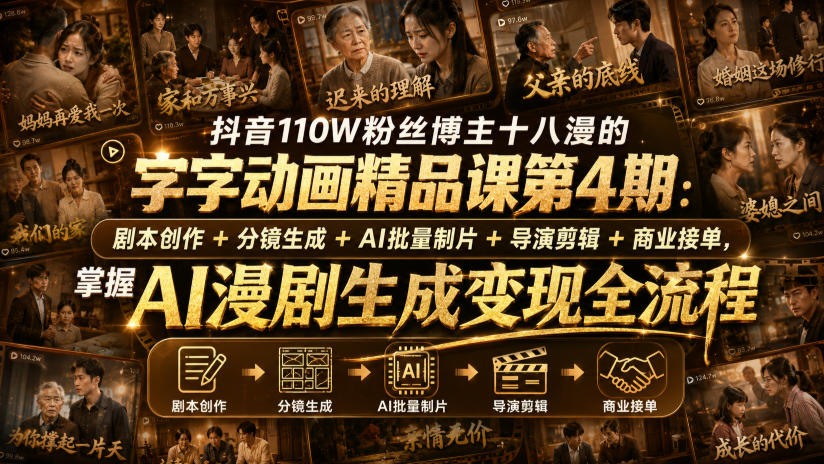 抖音110W粉丝博主十八漫的字字动画精品课第4期：剧本创作+分镜生成+剪辑+商业接单，掌握AI漫剧生成变现全流程(更新0916)-副业网