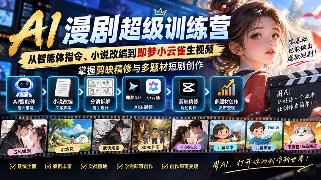AI漫剧超级特训营：从智能体指令、小说改编到即梦小云雀生视频，掌握剪映精修与多题材短剧创作-副业网