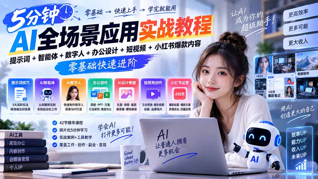 AI全场景应用实战教程｜提示词+智能体+数字人+办公设计+短视频+小红书爆款内容，零基础快速进阶-副业网