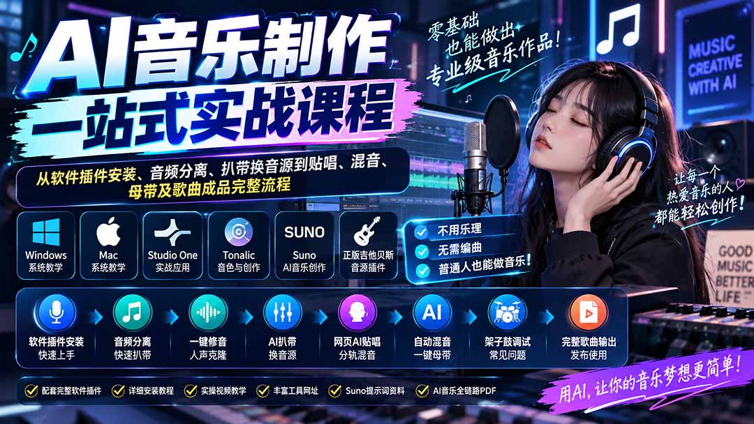AI音乐制作一站式实战课程：从软件插件安装、音频分离、扒带换音源到贴唱、混音、母带及歌曲成品完整流程-副业网