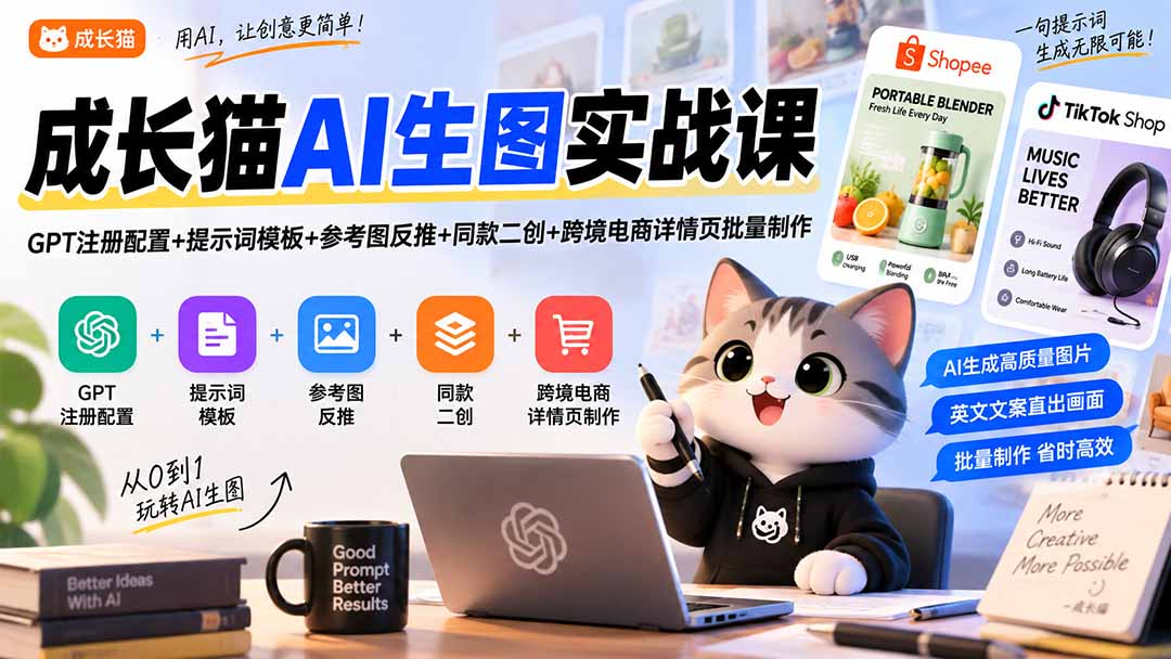 成长猫AI生图实战课｜GPT注册配置+提示词模板+参考图反推+同款二创+跨境电商详情页批量制作-副业网