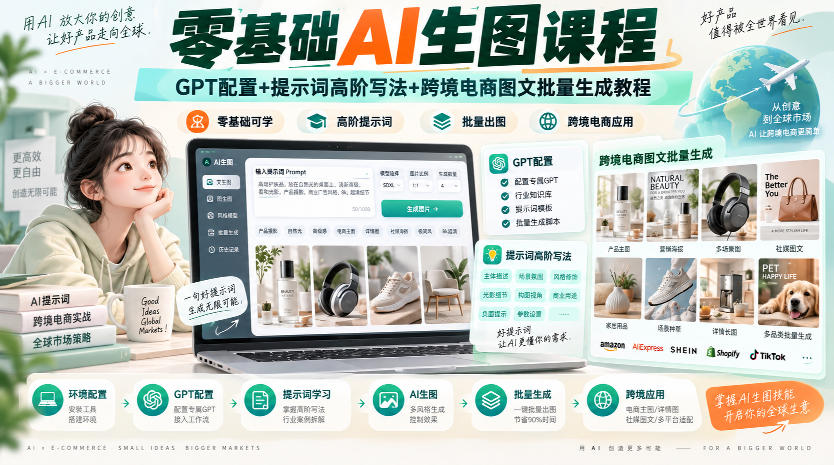 零基础AI生图课程，GPT配置+提示词高阶写法+跨境电商图文批量生成教程-副业网