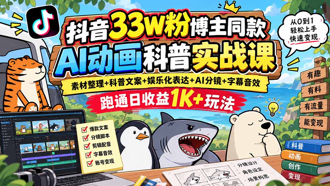 抖音33W粉博主同款AI动画科普实战课｜素材整理+科普文案+娱乐化表达+AI分镜+字幕音效，跑通日收益1K+玩法-副业网