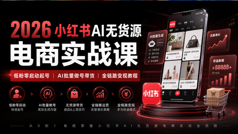 2026小红书AI无货源电商实战课｜低粉零启动起号｜AI批量做号带货全链路变现教程-副业网