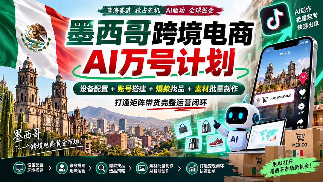 墨西哥AI跨境电商万号计划｜设备配置+账号搭建+爆款找品+素材批量制作，打通矩阵带货完整运营闭环-副业网