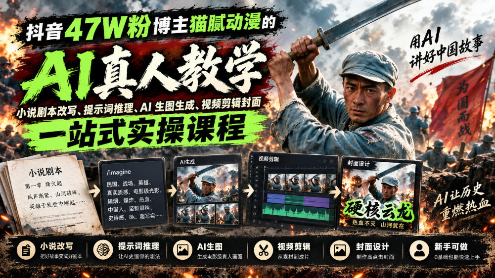 抖音47W粉博主猫腻动漫的AI真人漫剧教学，小说剧本改写、提示词推理、AI生图生成、视频剪辑封面一站式实操课程-副业网