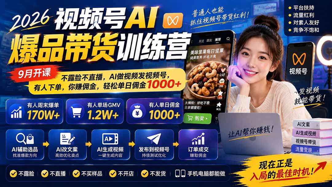图片[1]-2026视频号AI爆品带货训练营-9月开课｜不露脸不直播，AI做视频发视频号，有人下单，你赚佣金，轻松单日佣金1000+-副业网