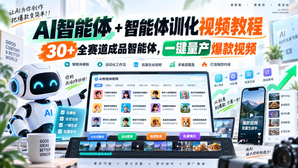 AI智能体+智能体训化视频教程，30+全赛道成品智能体，一键量产爆款视频-副业网