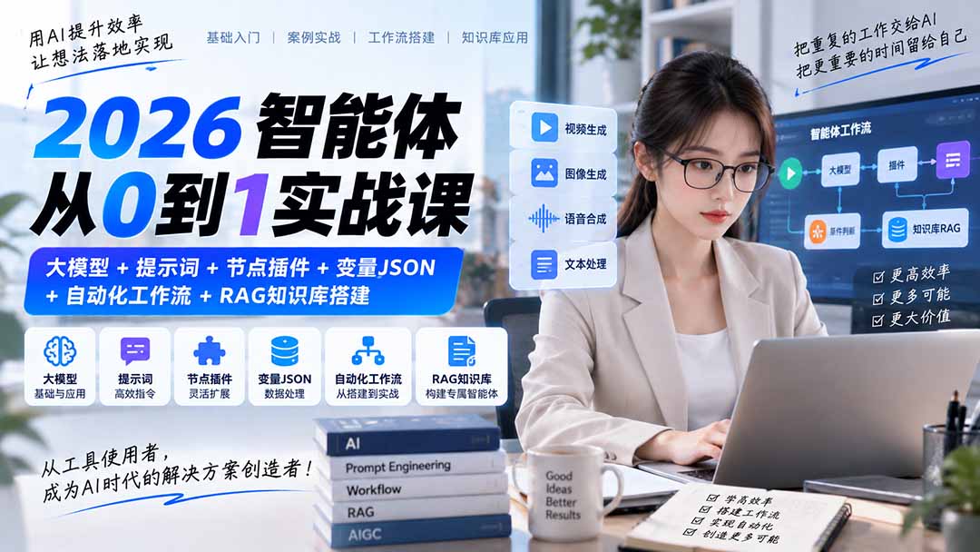 2026智能体从0到1实战课｜大模型+提示词+节点插件+变量JSON+自动化工作流+RAG知识库搭建-副业网