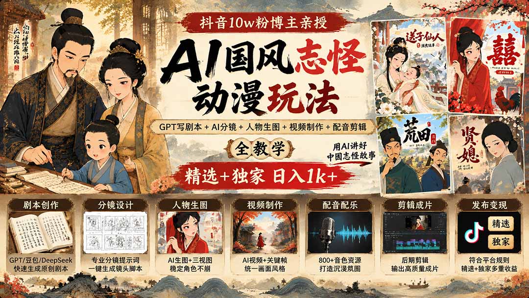 抖音10w粉博主亲授AI国风志怪动漫玩法｜GPT写剧本+AI分镜+人物生图+视频制作+配音剪辑全教学｜精选+独家日入1k+-副业网