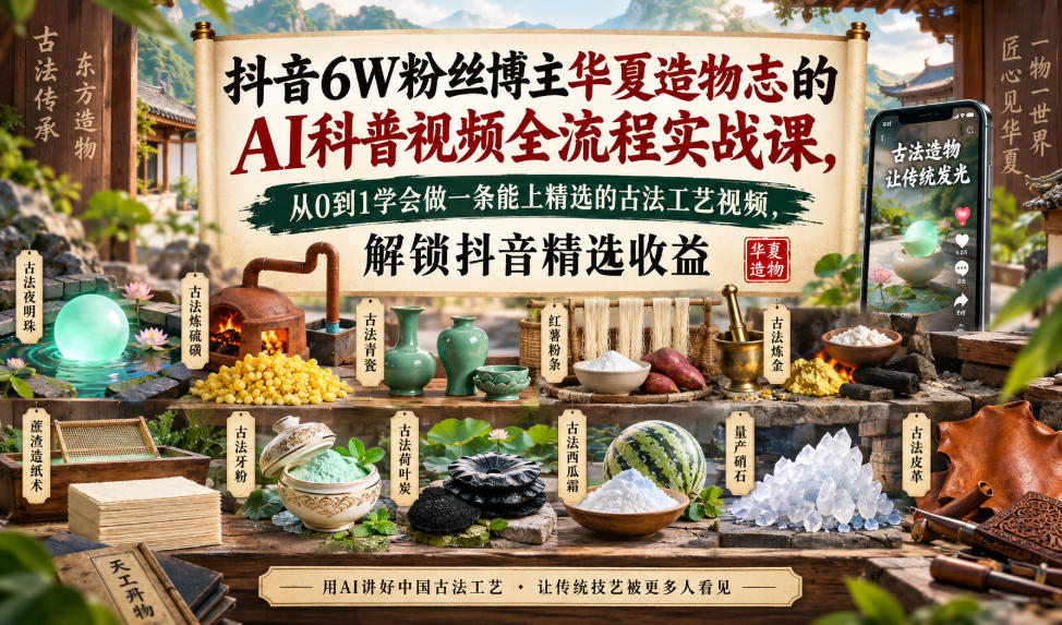 抖音6W粉丝博主华夏造物志的AI科普视频全流程实战课，从0到1学会做一条能上精选的古法工艺视频，解锁抖音精选收益-副业网