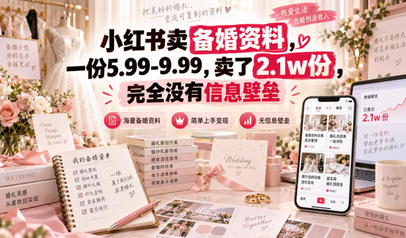 小红书卖备婚资料，一份5.99-9.99，卖了2.1w份，完全没有信息壁垒-副业网
