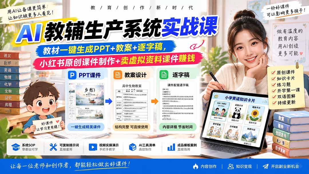 AI教辅生产系统实战课｜教材一键生成PPT+教案+逐字稿，小红书原创课件制作+卖虚拟资料课件赚钱-副业网