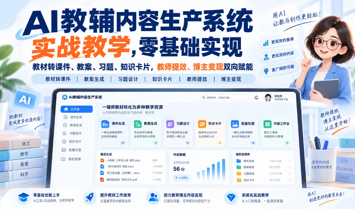 AI教辅内容生产系统实战教学，零基础实现教材转课件、教案、习题、知识卡片，教师提效、博主变现双向赋能-副业网
