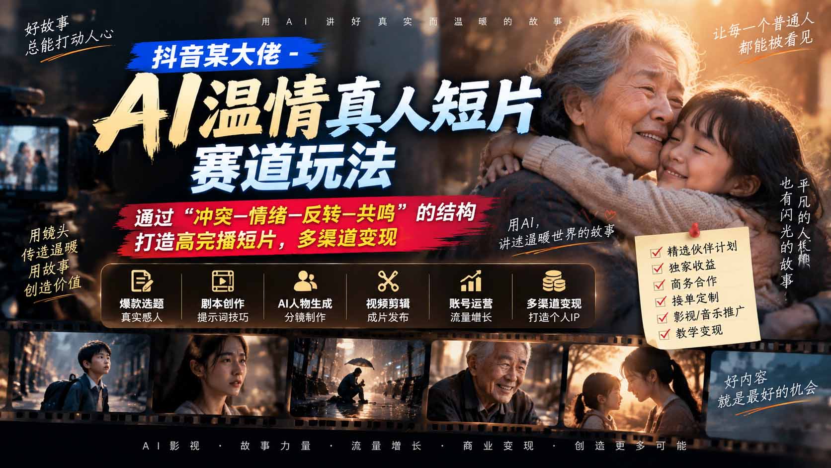抖音某大佬-AI温情真人短片赛道玩法：通过“冲突—情绪—反转—共鸣”的结构打造高完播短片，多渠道变现-副业网