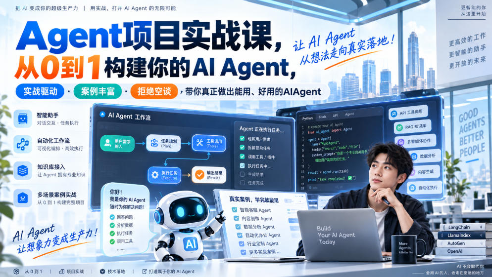 Agent项目实战课，从0到1构建你的AI Agent，实战驱动·案例丰富·拒绝空谈，带你真正做出能用、好用的AIAgent-副业网