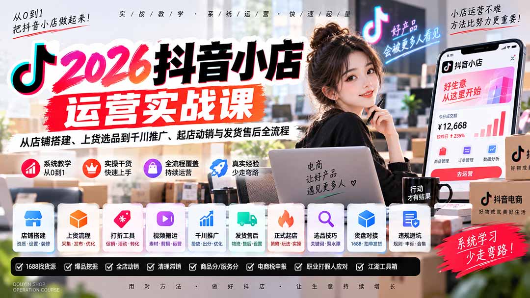 2026抖音小店运营实战课｜从店铺搭建、上货选品到千川推广、起店动销与发货售后全流程-副业网
